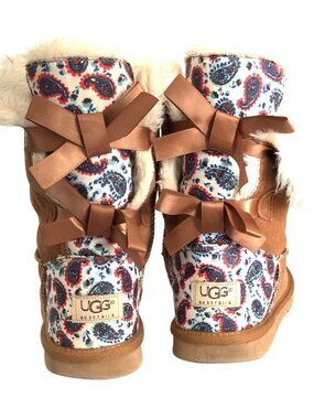 UGG Australia Brown Suede Boots With Shearling Lining & Paisley Print Accents